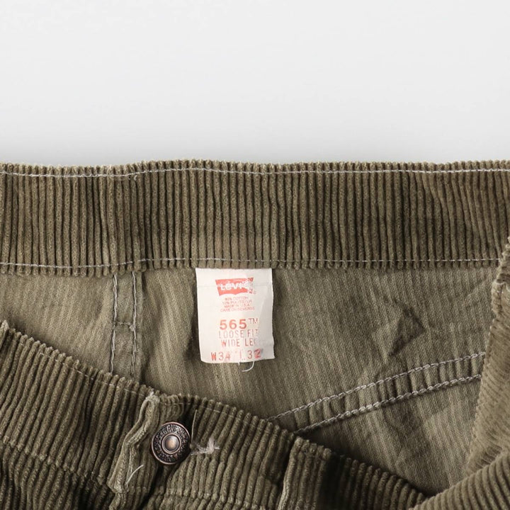 1990'S Levi's 565 Loose Fit Wide Leg Corduroy Pants, Made in USA, Men's Size W35 (approx.), Vintage cotton Khaki type sage green Vintage Second Hand