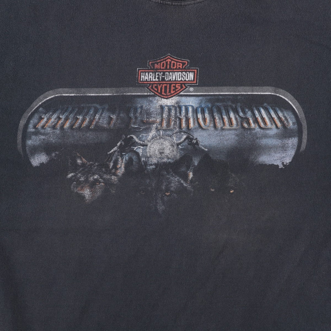 Harley-Davidson Wolf Pattern Motorcycle T-Shirt, Made in USA, Men's Size XL (approx.) cotton black type Vintage Second Hand