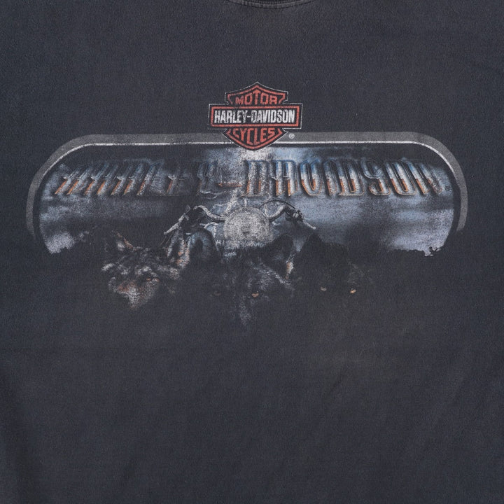 Harley-Davidson Wolf Pattern Motorcycle T-Shirt, Made in USA, Men's Size XL (approx.) cotton black type Vintage Second Hand