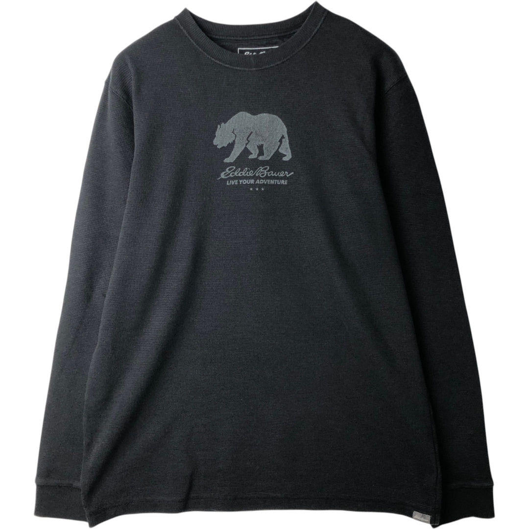 Eddie Bauer Animal Pattern Bear Pattern Thermal Long-Sleeve T-Shirt, Waffle Knit, Men's Size L (approx.) cotton black type Vintage Second Hand