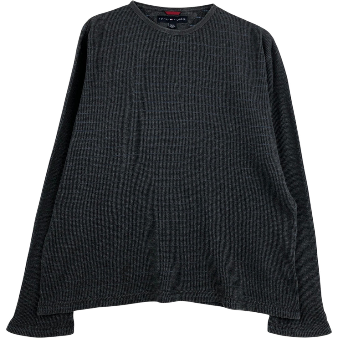 Tommy Hilfiger Border Pattern Thermal Long-Sleeve T-Shirt (Waffle Knit) - Men's XL (approx.) cotton gray type Vintage Second Hand