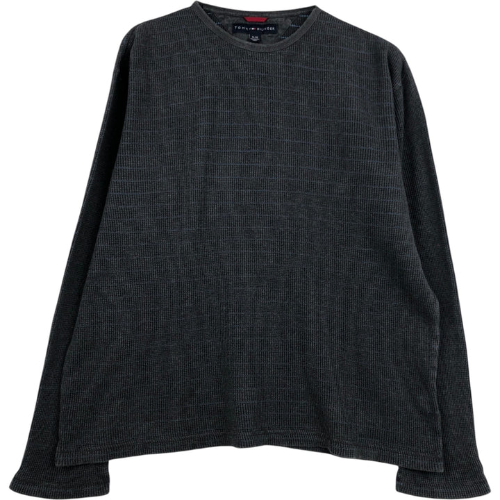 Tommy Hilfiger Border Pattern Thermal Long-Sleeve T-Shirt (Waffle Knit) - Men's XL (approx.) cotton gray type Vintage Second Hand