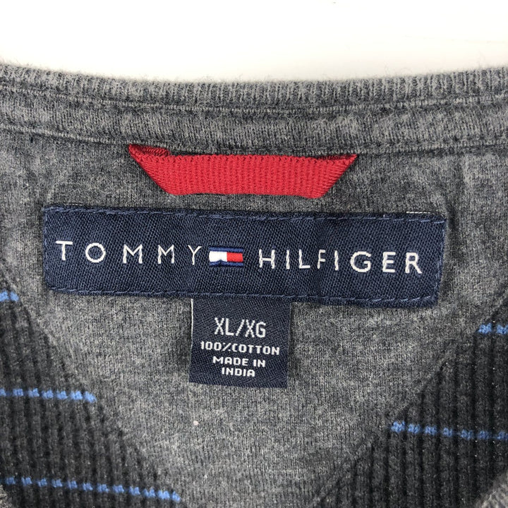 Tommy Hilfiger Border Pattern Thermal Long-Sleeve T-Shirt (Waffle Knit) - Men's XL (approx.) cotton gray type Vintage Second Hand