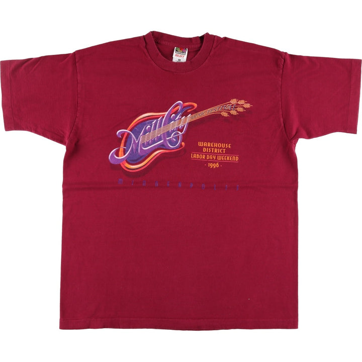 90'S Fruit of the Loom Music Festival Band T-Shirt, Made in USA, Men's XL equivalent, Vintage cotton burgundy type Vintage Second Hand