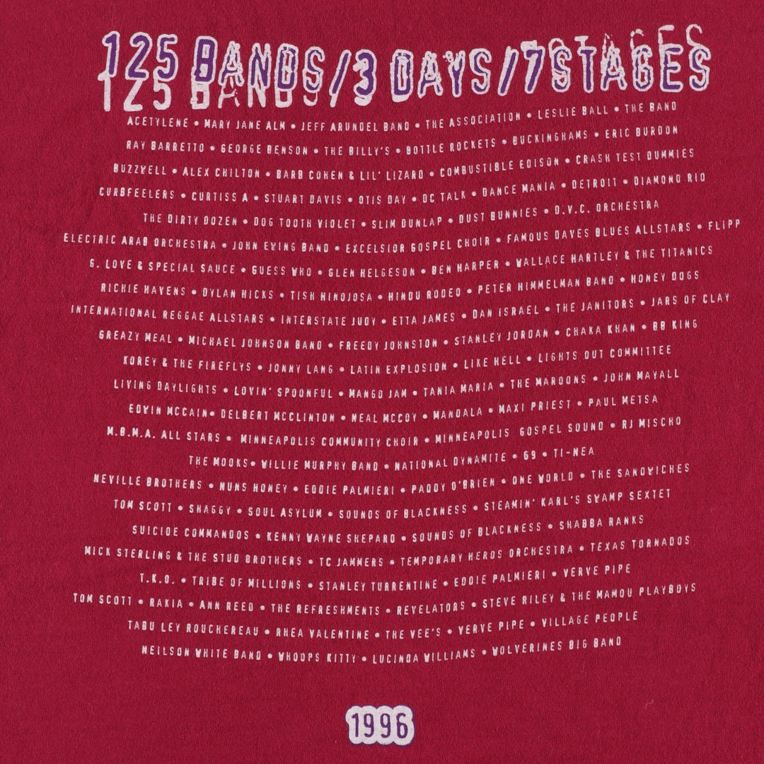 90'S Fruit of the Loom Music Festival Band T-Shirt, Made in USA, Men's XL equivalent, Vintage cotton burgundy type Vintage Second Hand