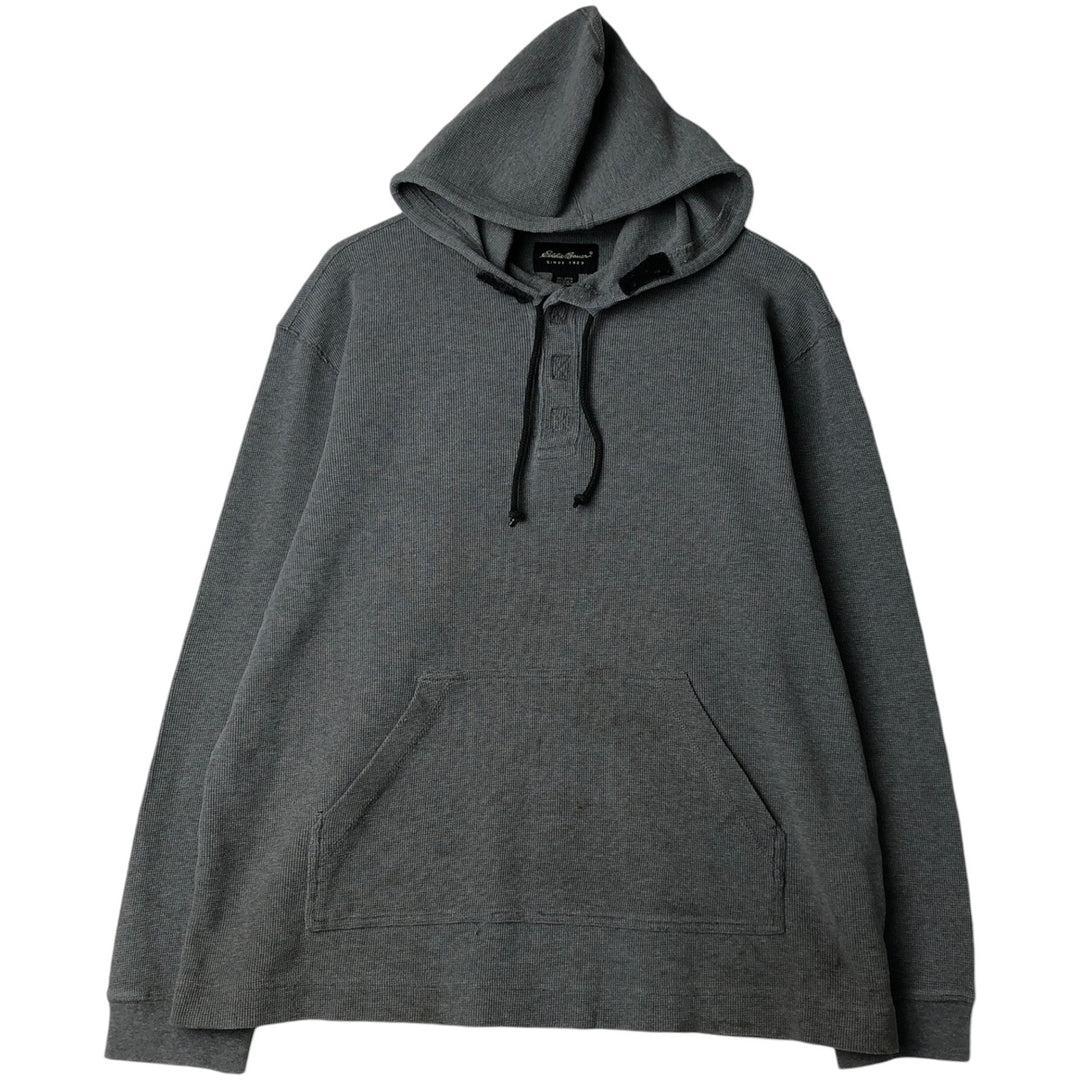 2000'S Eddie Bauer Henley Neck Hooded Thermal Long-Sleeve T-Shirt (Waffle Knit) - Men's Size L (approx.) cotton gray type Vintage Second Hand