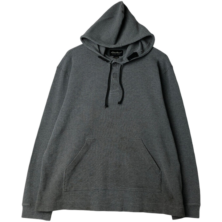 2000'S Eddie Bauer Henley Neck Hooded Thermal Long-Sleeve T-Shirt (Waffle Knit) - Men's Size L (approx.) cotton gray type Vintage Second Hand
