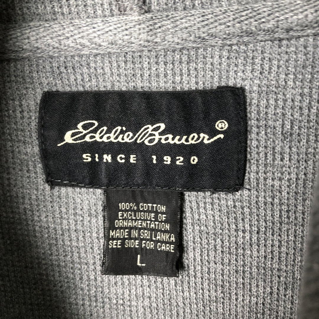 2000'S Eddie Bauer Henley Neck Hooded Thermal Long-Sleeve T-Shirt (Waffle Knit) - Men's Size L (approx.) cotton gray type Vintage Second Hand