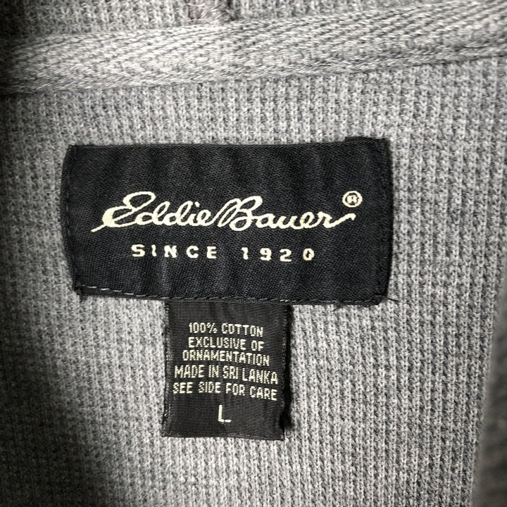 2000'S Eddie Bauer Henley Neck Hooded Thermal Long-Sleeve T-Shirt (Waffle Knit) - Men's Size L (approx.) cotton gray type Vintage Second Hand