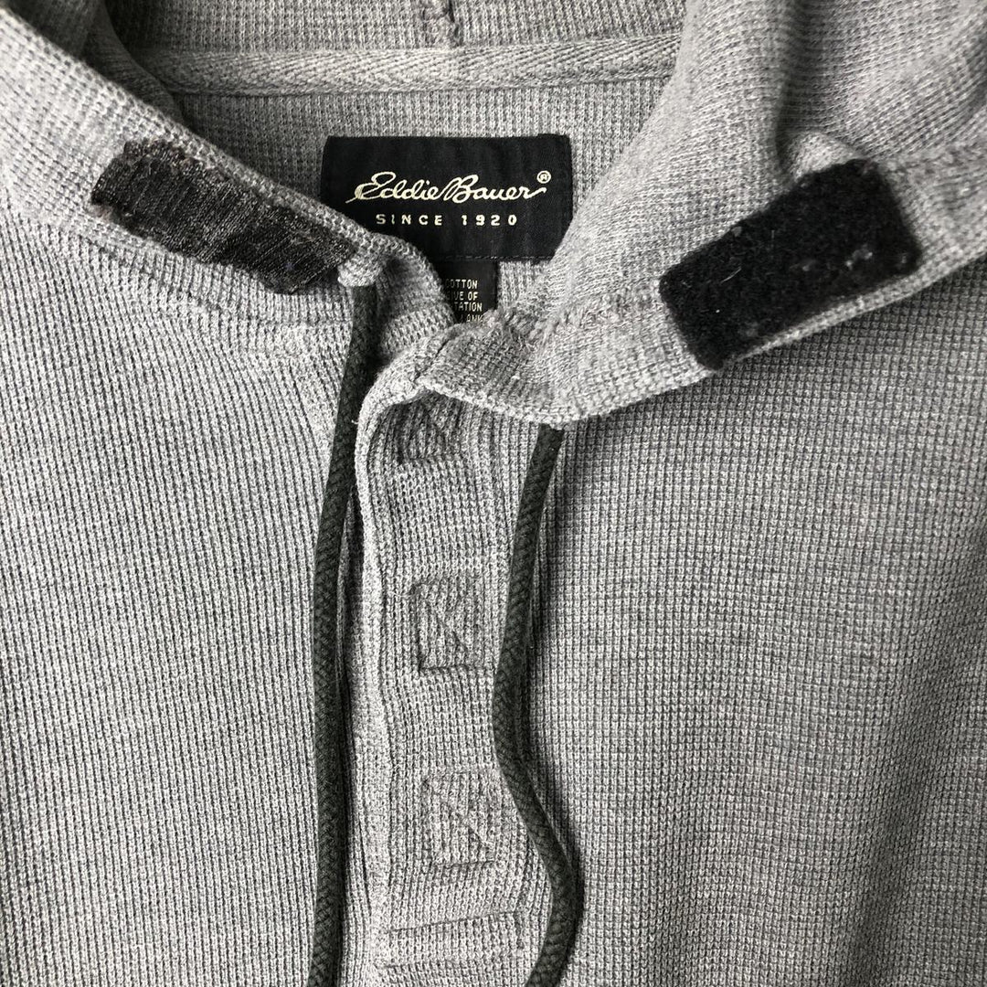 2000'S Eddie Bauer Henley Neck Hooded Thermal Long-Sleeve T-Shirt (Waffle Knit) - Men's Size L (approx.) cotton gray type Vintage Second Hand