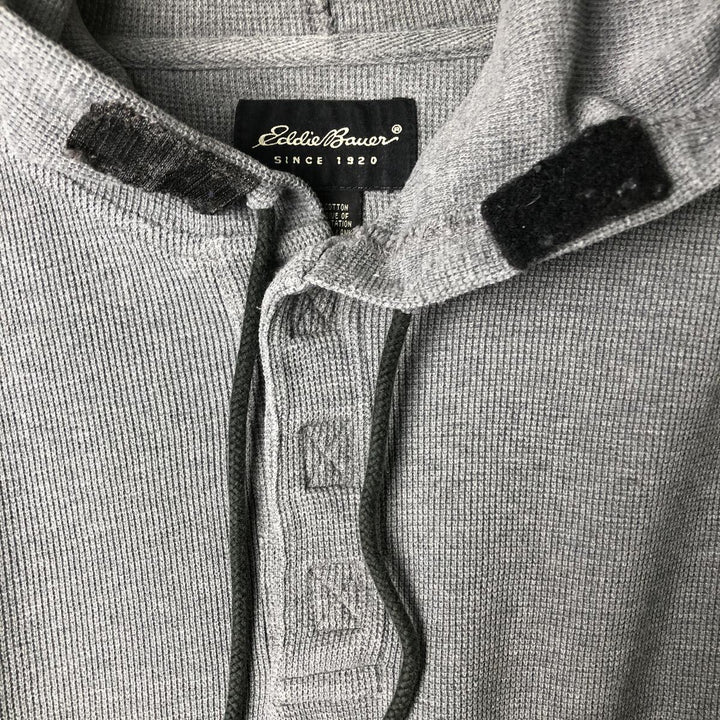 2000'S Eddie Bauer Henley Neck Hooded Thermal Long-Sleeve T-Shirt (Waffle Knit) - Men's Size L (approx.) cotton gray type Vintage Second Hand