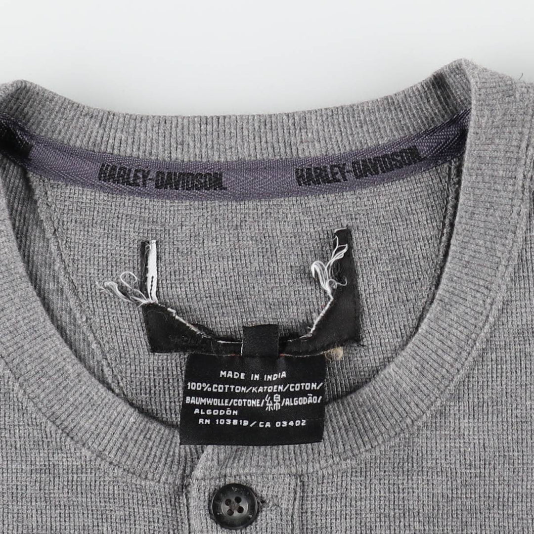 Harley-Davidson Fire Pattern Henley Neck Thermal Motorcycle T-Shirt, Men's XXL (approx.) cotton gray type Vintage Second Hand