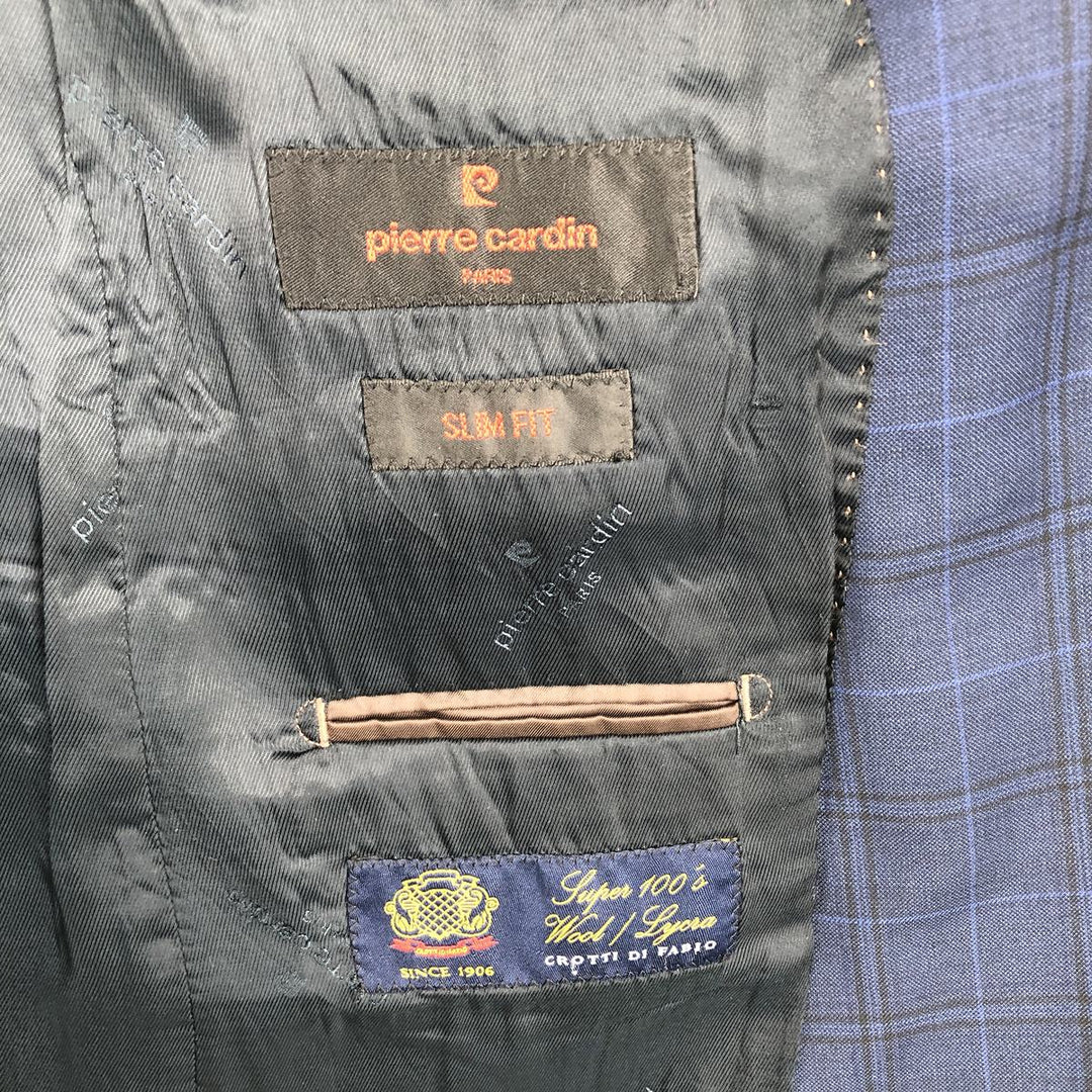 Pierre Cardin SLIM FIT Check Pattern Wool Tailored Jacket (Men's Size L equivalent) wool navy blue type Vintage Second Hand