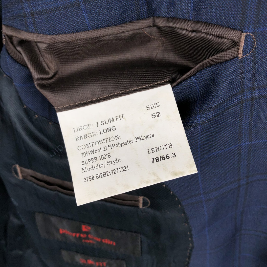 Pierre Cardin SLIM FIT Check Pattern Wool Tailored Jacket (Men's Size L equivalent) wool navy blue type Vintage Second Hand