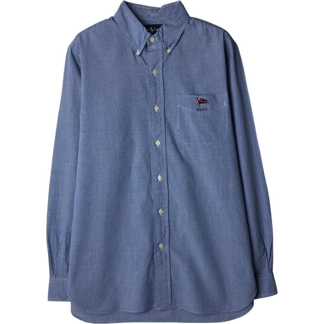 Ralph Lauren Gingham Check Long Sleeve Button-Down Check Shirt, Men's M Size cotton blue type Vintage Second Hand