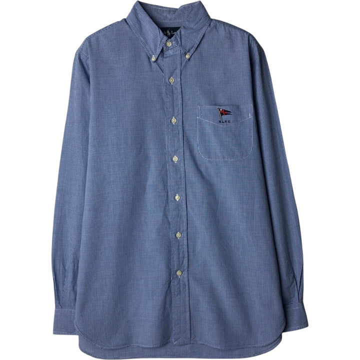 Ralph Lauren Gingham Check Long Sleeve Button-Down Check Shirt, Men's M Size cotton blue type Vintage Second Hand