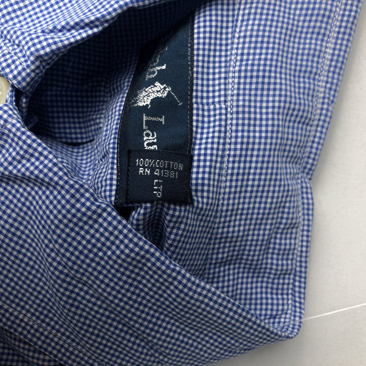 Ralph Lauren Gingham Check Long Sleeve Button-Down Check Shirt, Men's M Size cotton blue type Vintage Second Hand