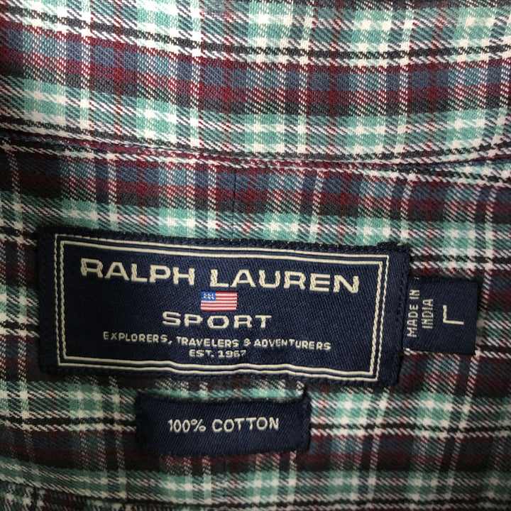 Ralph Lauren RALPH LAUREN SPORT Long-Sleeve Button-Down Check Shirt, Men's Size L (approx.) cotton Mint green Vintage Second Hand