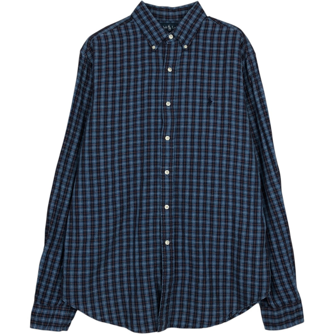Ralph Lauren Classic Fit Long Sleeve Button Down Check Shirt Men's Size L linen blue type Vintage Second Hand