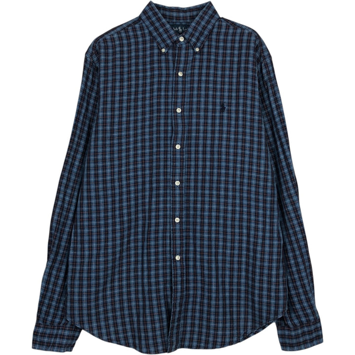 Ralph Lauren Classic Fit Long Sleeve Button Down Check Shirt Men's Size L linen blue type Vintage Second Hand