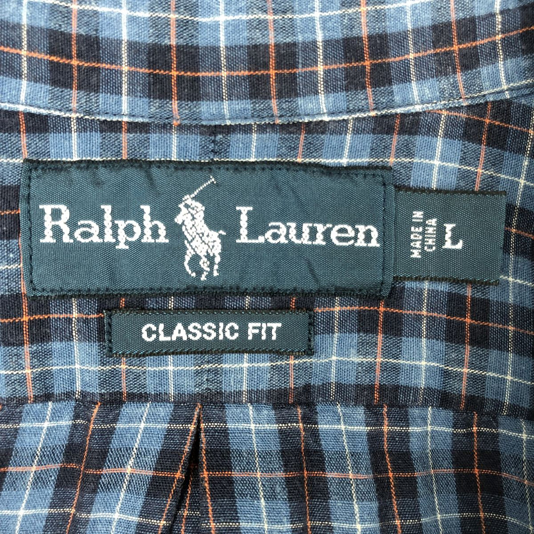 Ralph Lauren Classic Fit Long Sleeve Button Down Check Shirt Men's Size L linen blue type Vintage Second Hand