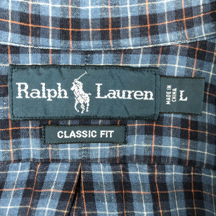 Ralph Lauren Classic Fit Long Sleeve Button Down Check Shirt Men's Size L linen blue type Vintage Second Hand