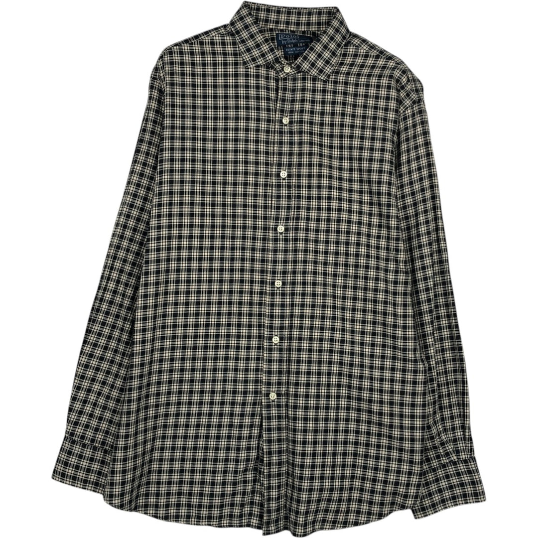 Ralph Lauren POLO by Ralph Lauren ESTATE SPORT Wide Collar Long Sleeve Cotton Check Shirt, Men's Size XL (approx.) cotton ivory Vintage Second Hand