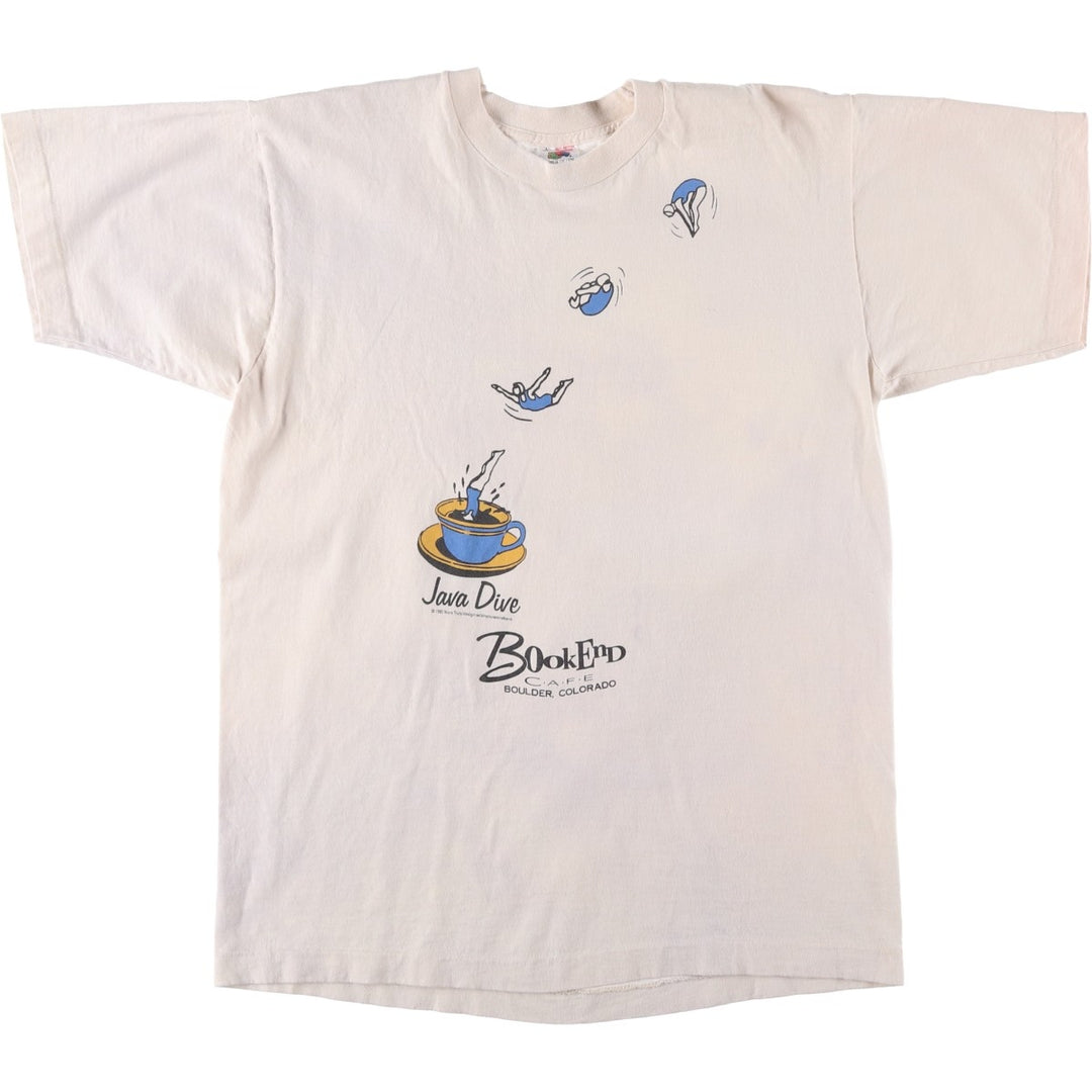 90'S Fruit of the Loom BookEnd Cafe Advertising T-Shirt, Made in USA, Men's Size L (approx.), Vintage cotton ivory Vintage Second Hand
