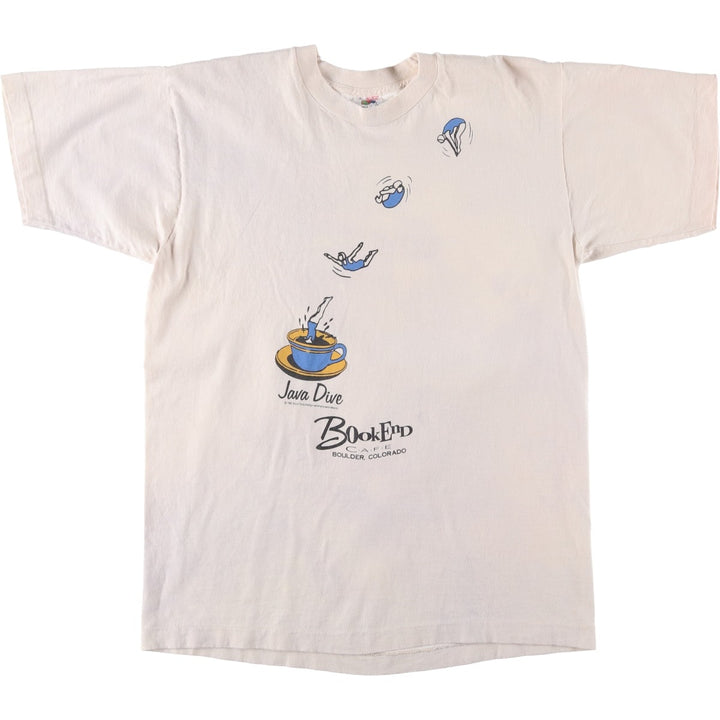 90'S Fruit of the Loom BookEnd Cafe Advertising T-Shirt, Made in USA, Men's Size L (approx.), Vintage cotton ivory Vintage Second Hand