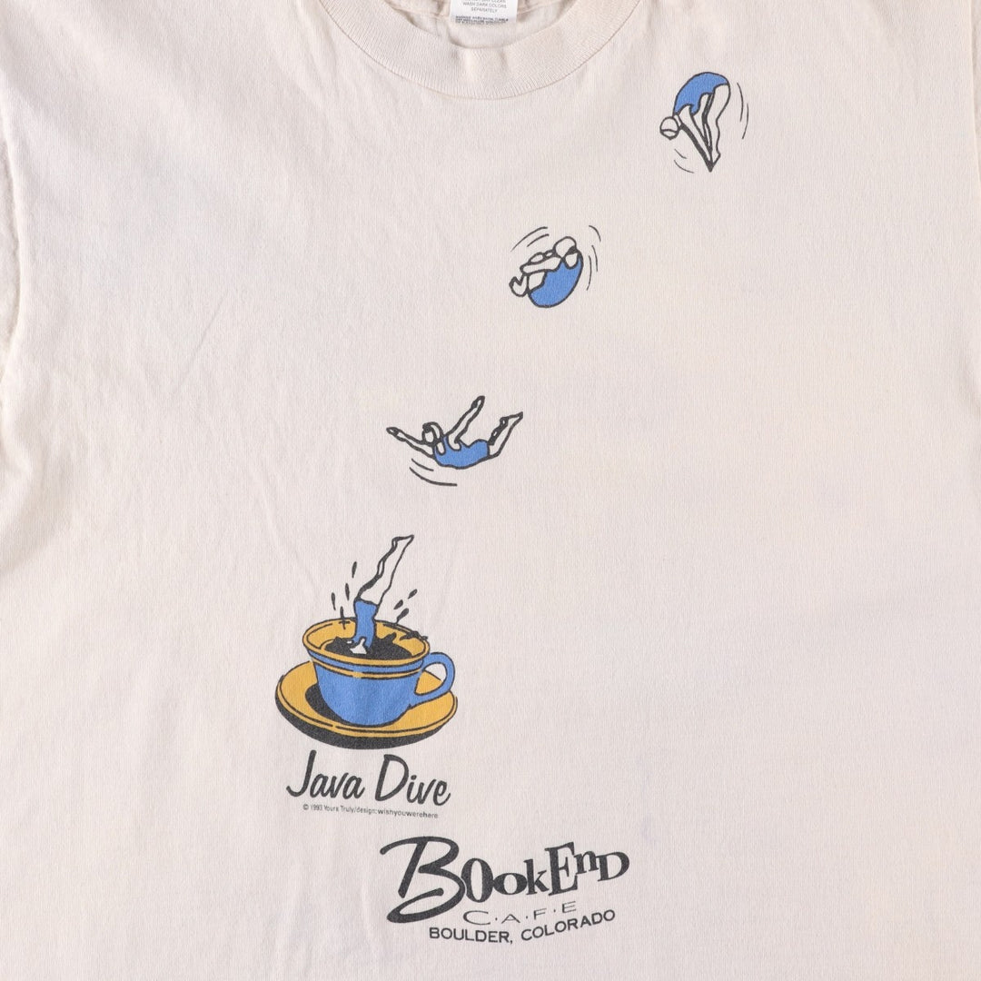 90'S Fruit of the Loom BookEnd Cafe Advertising T-Shirt, Made in USA, Men's Size L (approx.), Vintage cotton ivory Vintage Second Hand