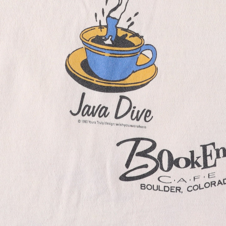 90'S Fruit of the Loom BookEnd Cafe Advertising T-Shirt, Made in USA, Men's Size L (approx.), Vintage cotton ivory Vintage Second Hand