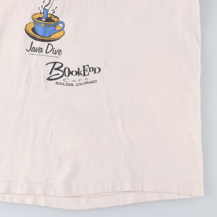 90'S Fruit of the Loom BookEnd Cafe Advertising T-Shirt, Made in USA, Men's Size L (approx.), Vintage cotton ivory Vintage Second Hand