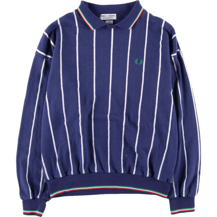 90'S Fred Perry Sportswear Stripe Pattern Herringbone Back Print Sweatshirt (Men's Size L) polyester navy blue type Vintage Second Hand