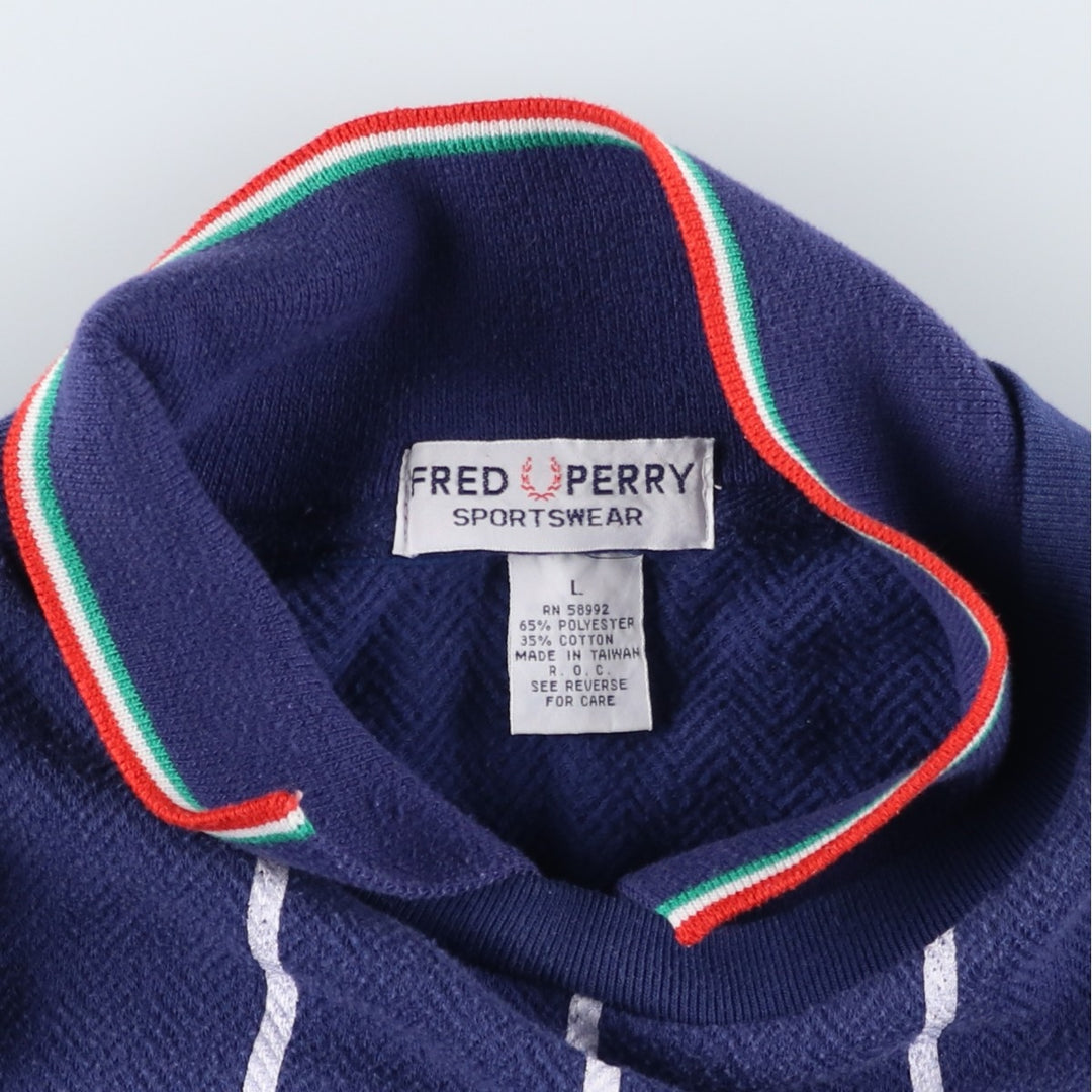 90'S Fred Perry Sportswear Stripe Pattern Herringbone Back Print Sweatshirt (Men's Size L) polyester navy blue type Vintage Second Hand