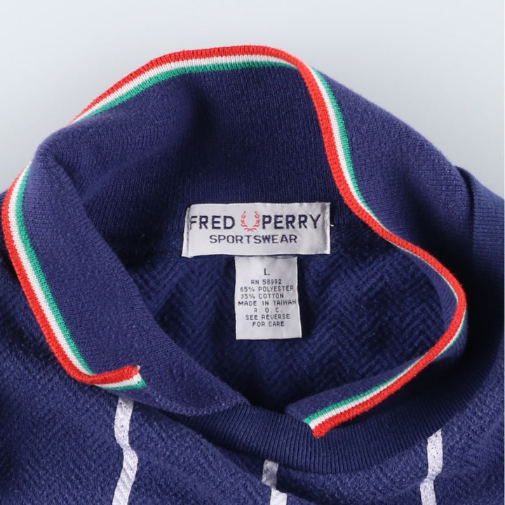 90'S Fred Perry Sportswear Stripe Pattern Herringbone Back Print Sweatshirt (Men's Size L) polyester navy blue type Vintage Second Hand