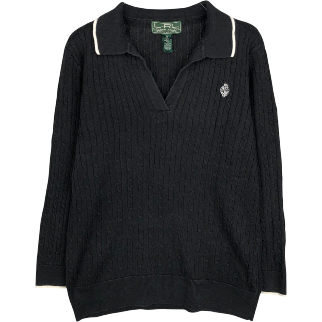 Ralph Lauren L-RL LAUREN ACTIVE Cable Knit Skipper Collar Cotton Sweater, Women's Size M (approx.) cotton black type Vintage Second Hand