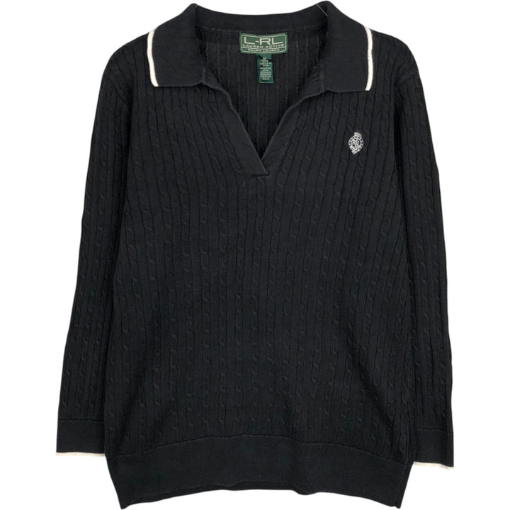 Ralph Lauren L-RL LAUREN ACTIVE Cable Knit Skipper Collar Cotton Sweater, Women's Size M (approx.) cotton black type Vintage Second Hand