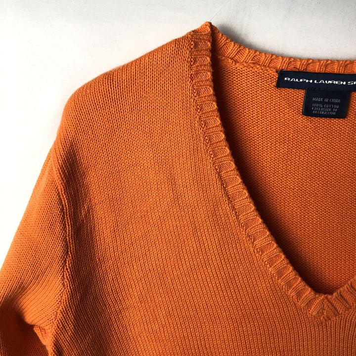 Ralph Lauren RALPH LAUREN SPORT V-neck cotton knit sweater, women's size L (approx.) cotton orange type Vintage Second Hand