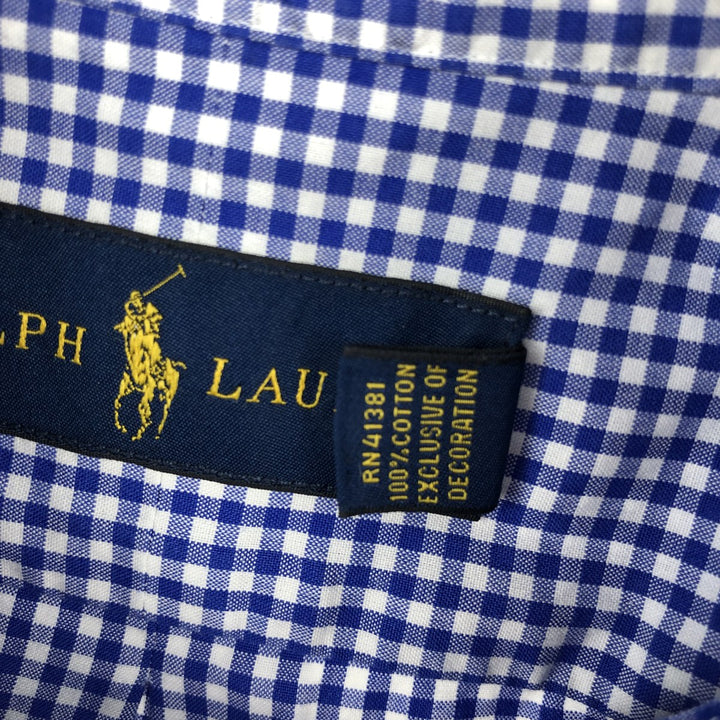 Ralph Lauren Gingham Check Long Sleeve Button-Down Check Shirt, Men's M Size cotton blue type Vintage Second Hand