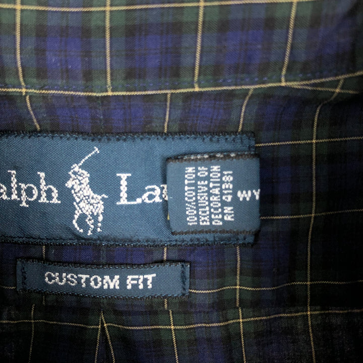 Ralph Lauren CUSTOM FIT long sleeve button down check shirt men's size M cotton navy blue type Vintage Second Hand