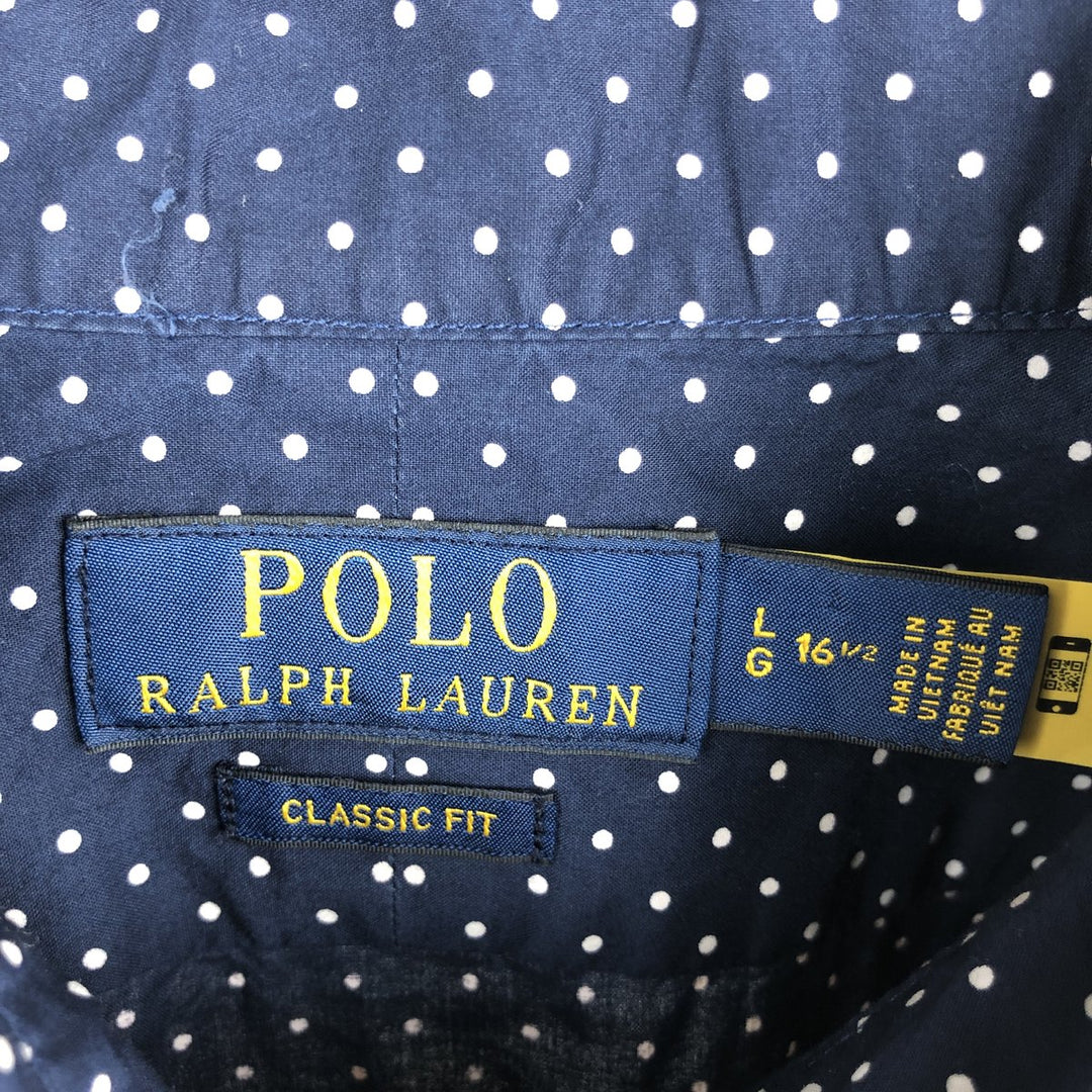 Ralph Lauren POLO RALPH LAUREN CLASSIC FIT polka dot pattern long-sleeved cotton shirt, men's size L (approx.) cotton navy blue type Vintage Second Hand