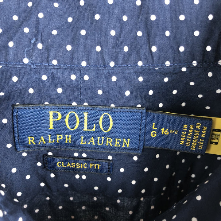 Ralph Lauren POLO RALPH LAUREN CLASSIC FIT polka dot pattern long-sleeved cotton shirt, men's size L (approx.) cotton navy blue type Vintage Second Hand