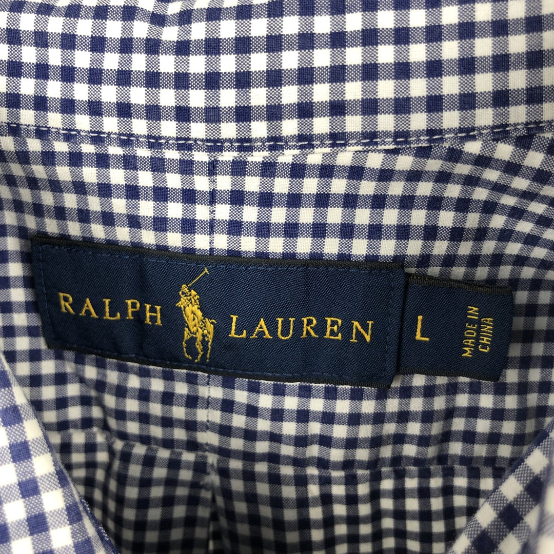 Ralph Lauren Gingham Check Long Sleeve Button-Down Check Shirt, Men's Size L cotton navy blue type Vintage Second Hand