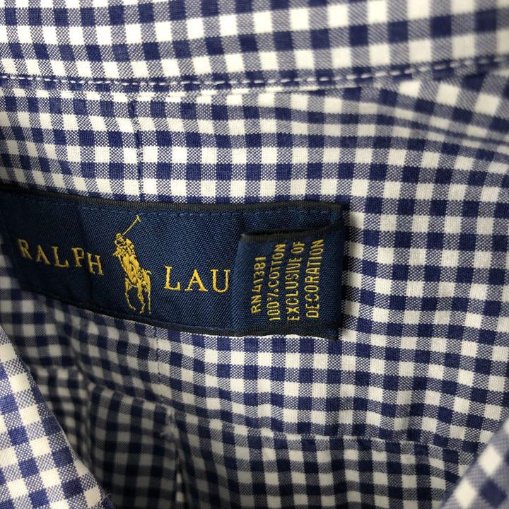 Ralph Lauren Gingham Check Long Sleeve Button-Down Check Shirt, Men's Size L cotton navy blue type Vintage Second Hand