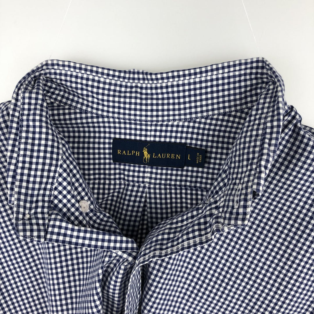 Ralph Lauren Gingham Check Long Sleeve Button-Down Check Shirt, Men's Size L cotton navy blue type Vintage Second Hand