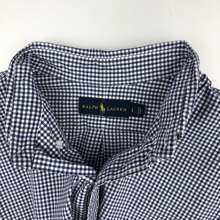 Ralph Lauren Gingham Check Long Sleeve Button-Down Check Shirt, Men's Size L cotton navy blue type Vintage Second Hand