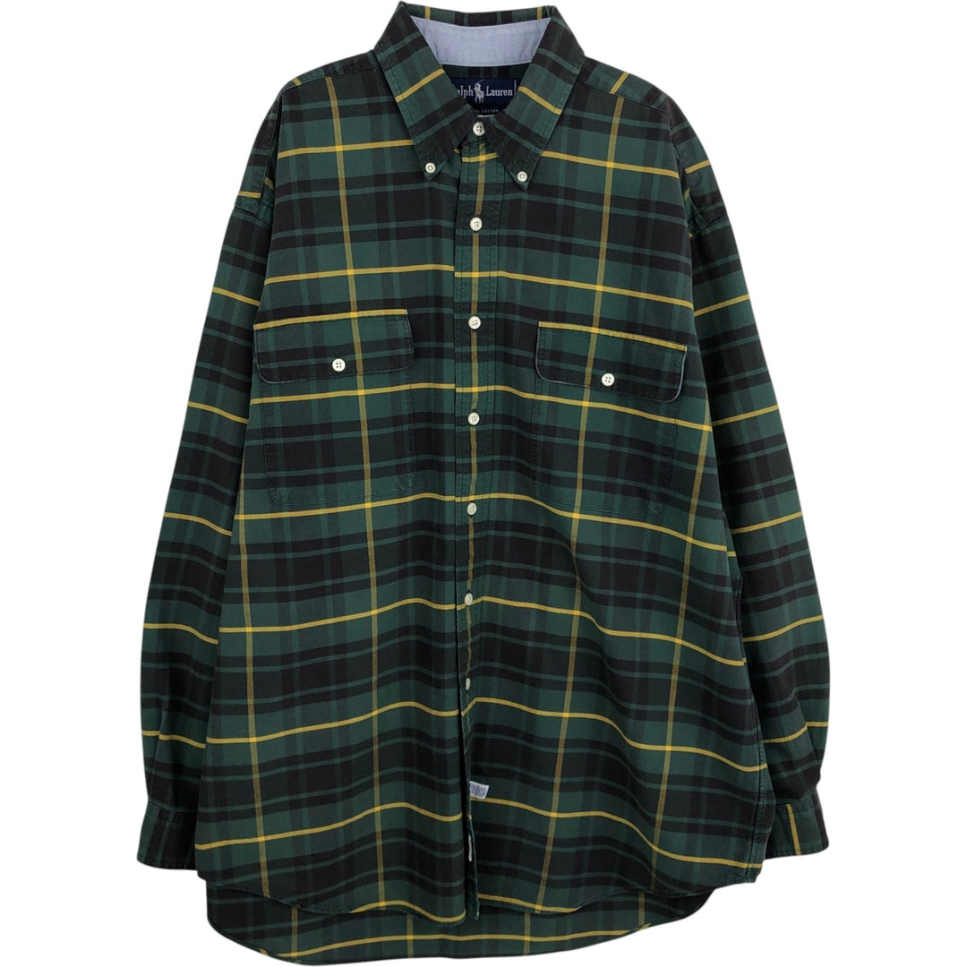 Ralph Lauren long sleeve button down check shirt, men's size L cotton green type Vintage Second Hand