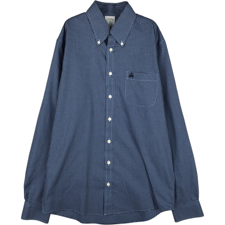 Brooks Brothers 1818 Milano Fit Gingham Check Long Sleeve Button-Down Check Shirt (Men's Size M) cotton navy blue type Vintage Second Hand
