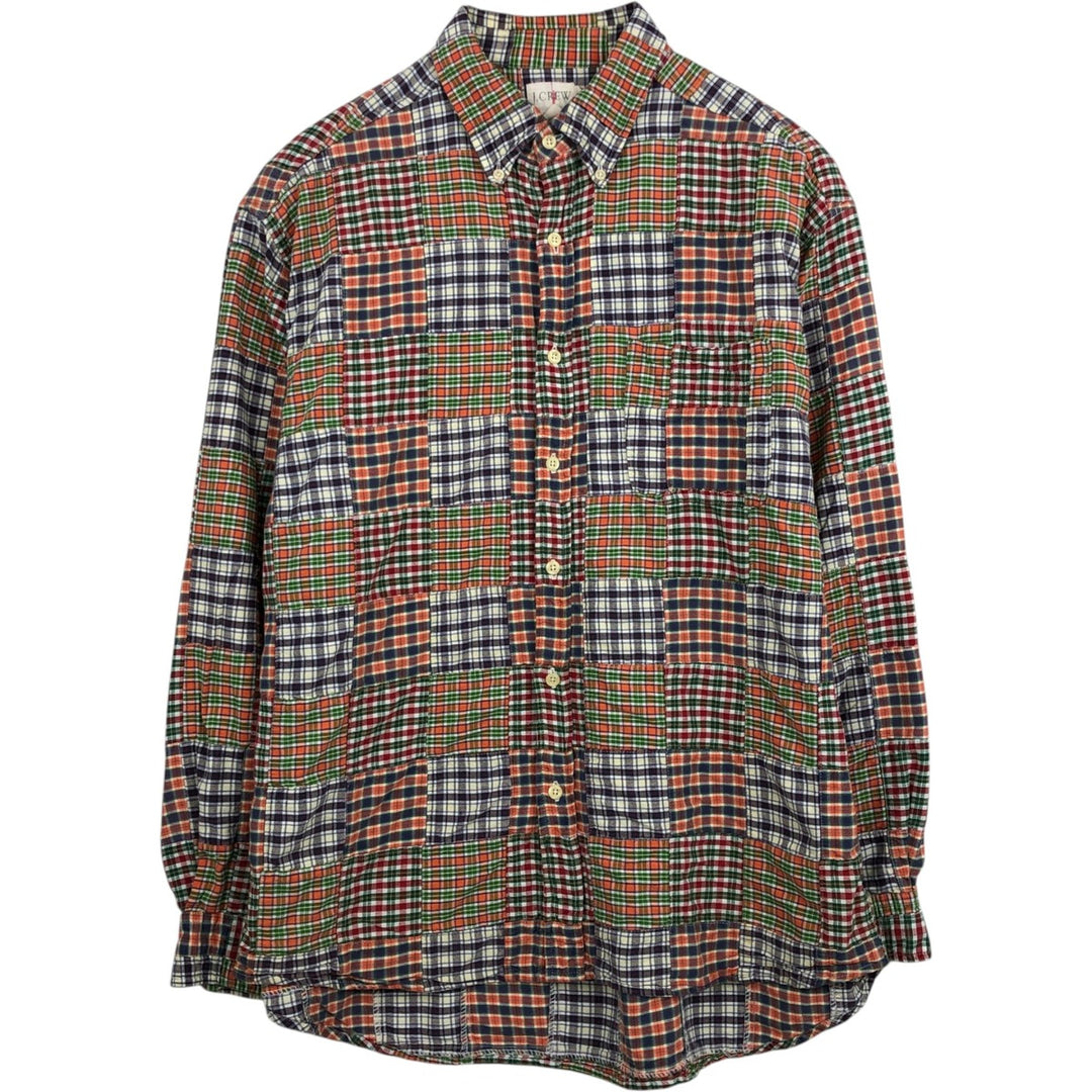 90'S J.Crew Patchwork Long-Sleeve Button-Down Check Shirt, Men's Size L (Equivalent), Vintage cotton orange type Vintage Second Hand