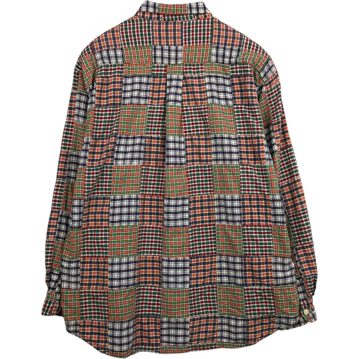 90'S J.Crew Patchwork Long-Sleeve Button-Down Check Shirt, Men's Size L (Equivalent), Vintage cotton orange type Vintage Second Hand
